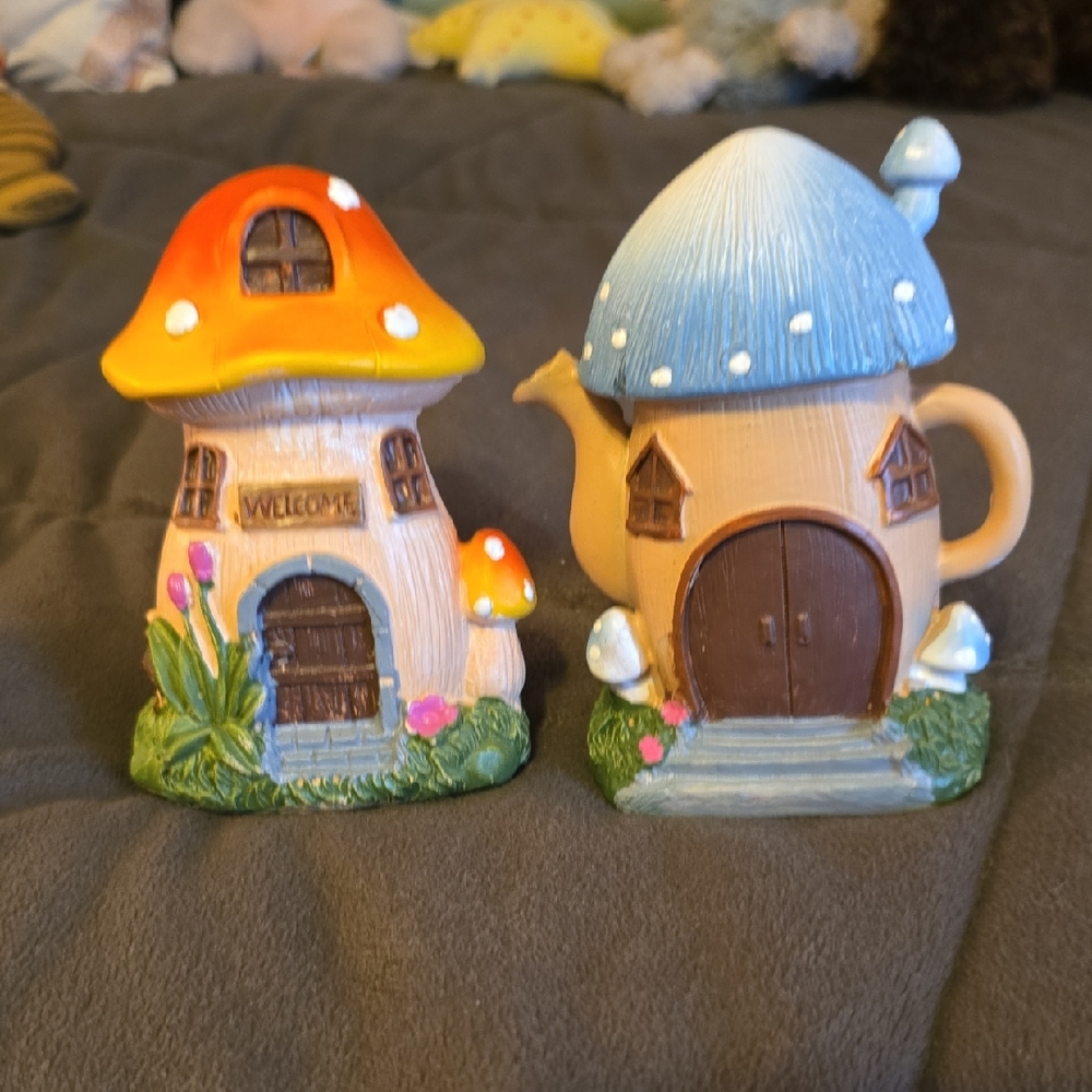 Whimsical Mushroom and Teapot House Figurines
